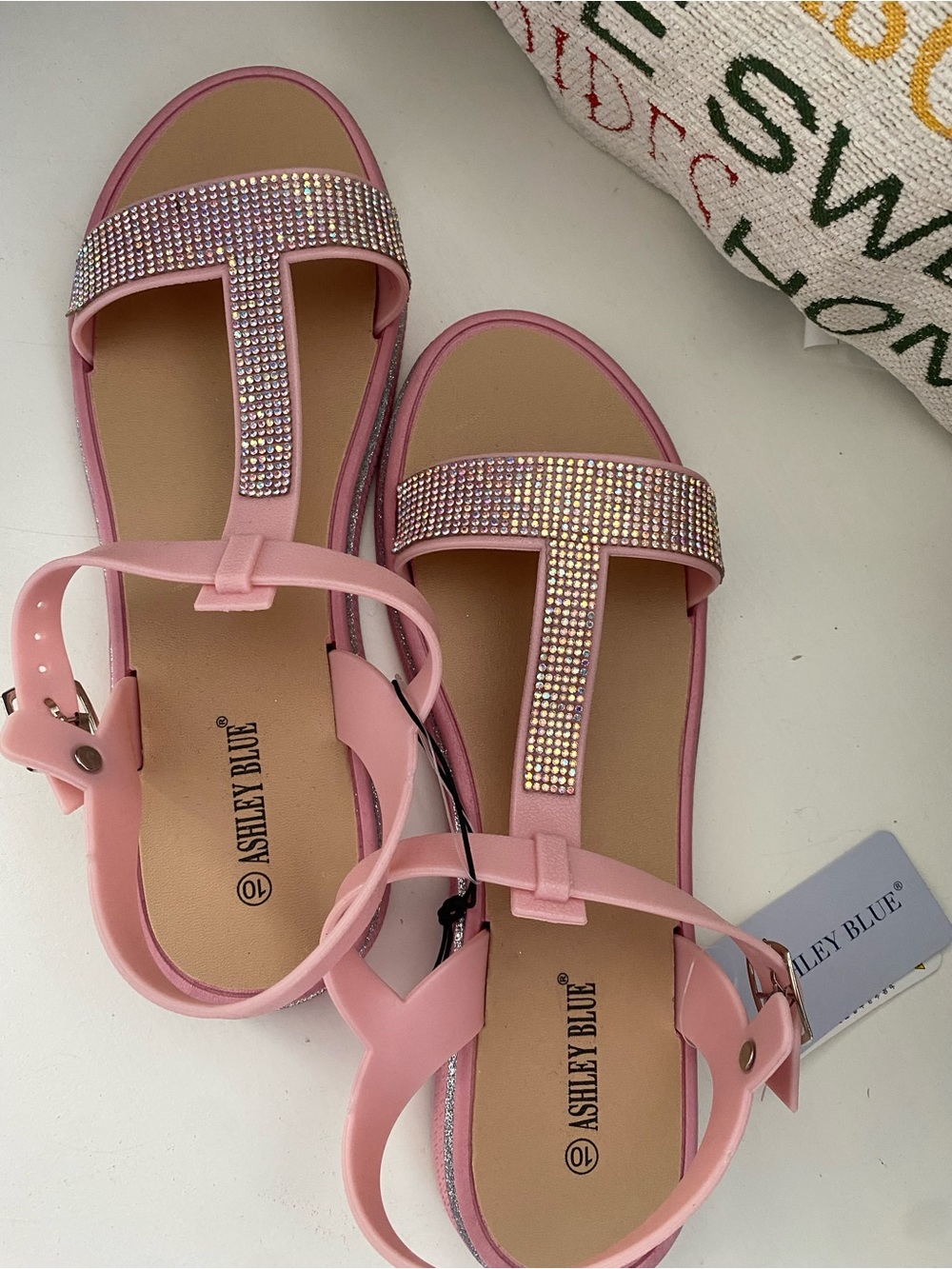 Ashley Blue Pink Rhinestone T-Strap Women's Sandals